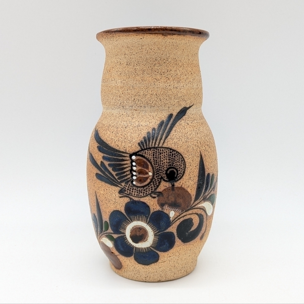 Mexican Tonala sandstone folk art bird & flower vase